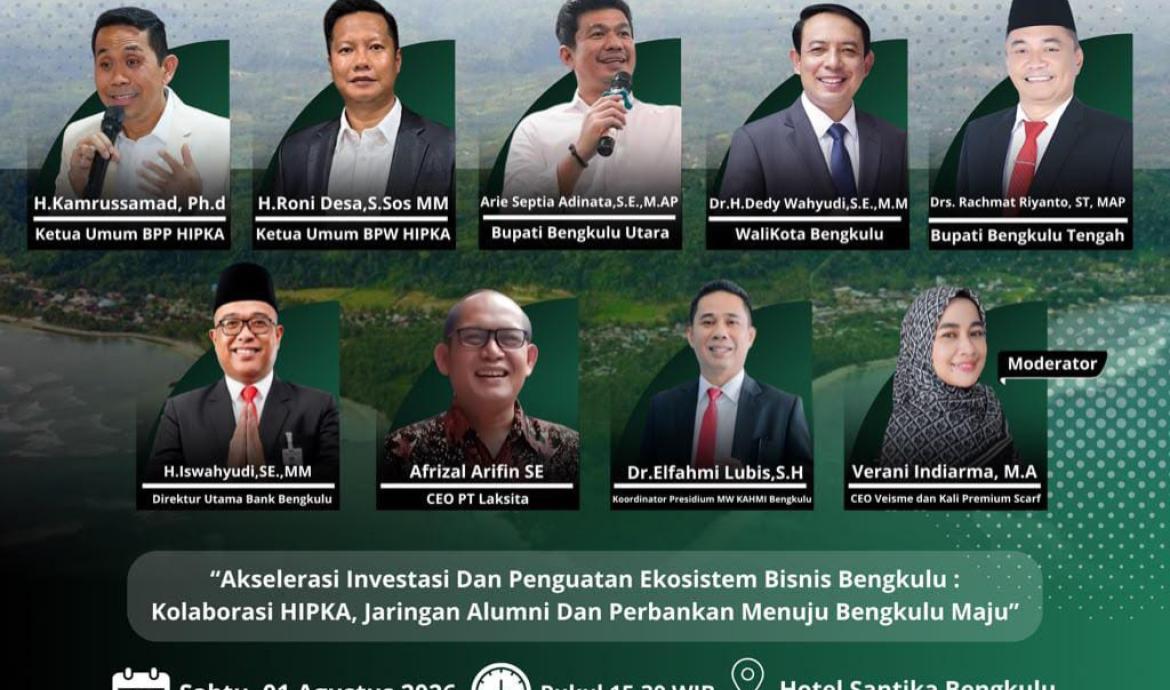 Forum Bisnis dan Pelantikan Pengurus Badan Pengurus Wilayah (BPW) HIPKA Bengkulu. Acara ini dijadwalkan berlangsung pada Sabtu, 1 Agustus 2026, di Hotel Santika Bengkulu.