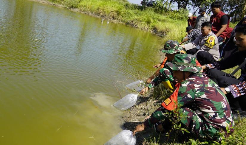 Satgas TMMD menggelar kegiatan penebaran 11 ribu benih ikan di embung desa sebagai langkah meningkatkan potensi perikanan sekaligus menjaga kelestarian ekosistem perairan, Kamis (16/7/2026).
